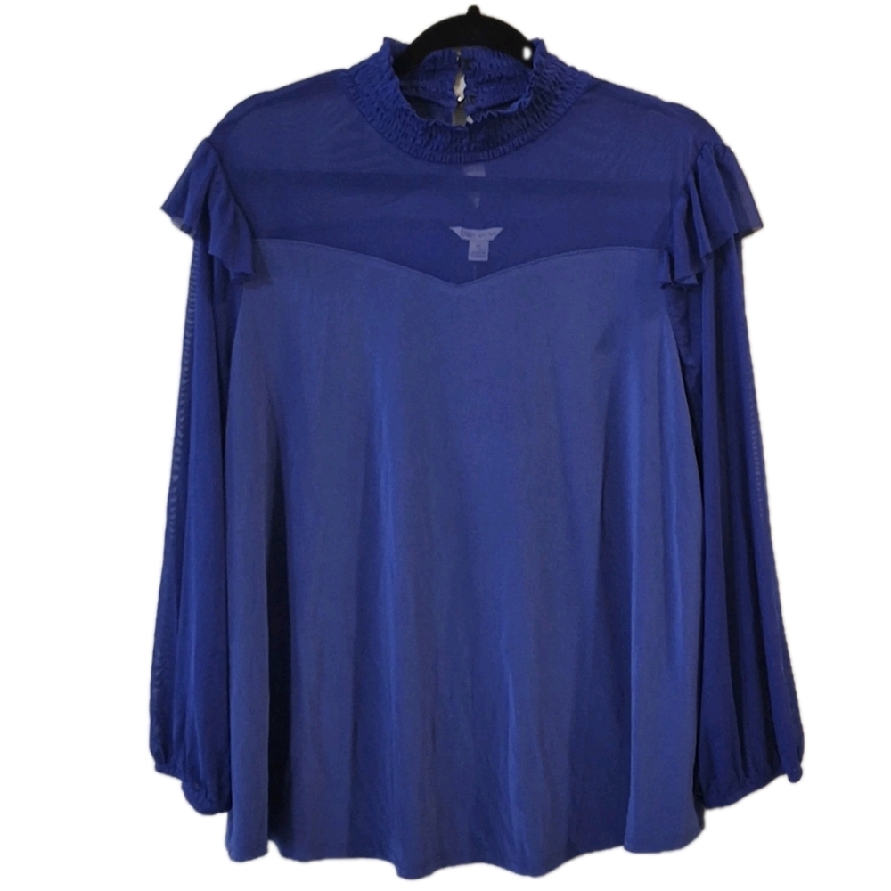Cato Sweetheart Blouse Women's XL Royal Blue Sheer Ruffle Night Out Feminine NWT